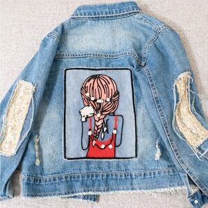 ✨ Girls Distressed Denim Jacket | Size 6 | Sequin Fringe & Graphic Back